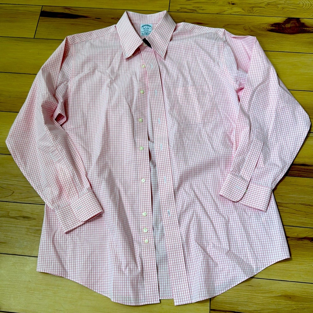 Brooks Brothers White/Pink Gingham Non-Iron Slim Fit Button Up Collared Shirt